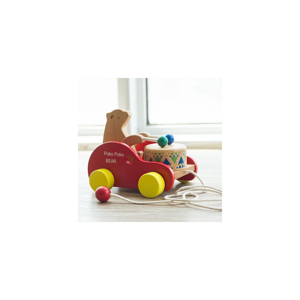 Wooden toy for toddlers pull along walker early education toy children s educational beech wood bear drumming trolley