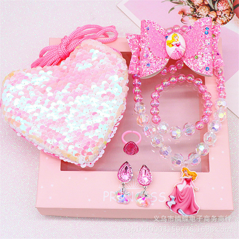 Children's fishtail necklace bracelet cross-border jewelry set pearl necklace cartoon fishtail bag gift box wholesale