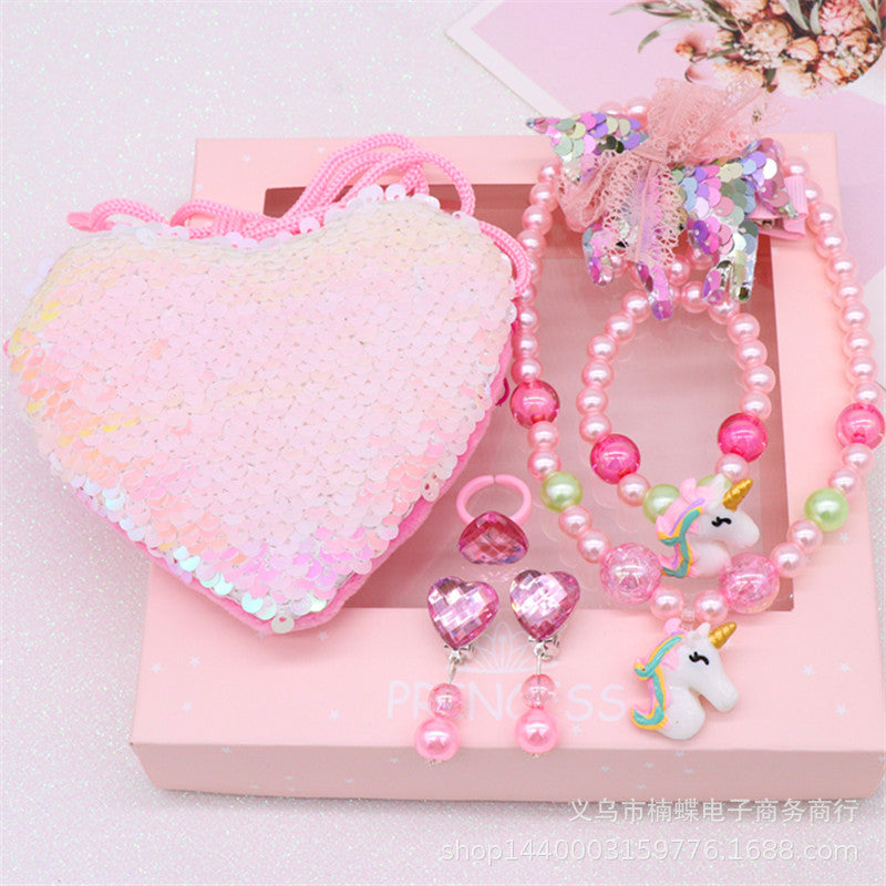 Children's fishtail necklace bracelet cross-border jewelry set pearl necklace cartoon fishtail bag gift box wholesale