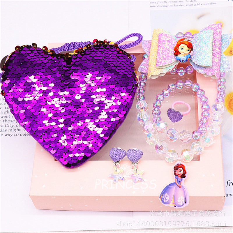 Children's fishtail necklace bracelet cross-border jewelry set pearl necklace cartoon fishtail bag gift box wholesale