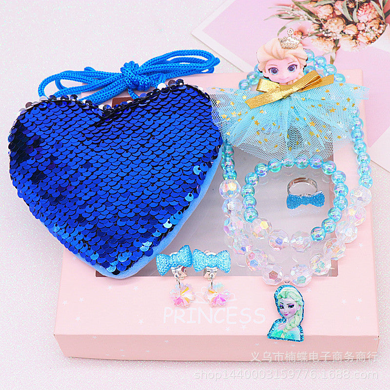 Children's fishtail necklace bracelet cross-border jewelry set pearl necklace cartoon fishtail bag gift box wholesale