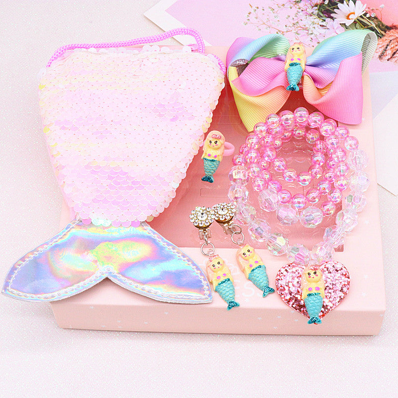 Children's fishtail necklace bracelet cross-border jewelry set pearl necklace cartoon fishtail bag gift box wholesale
