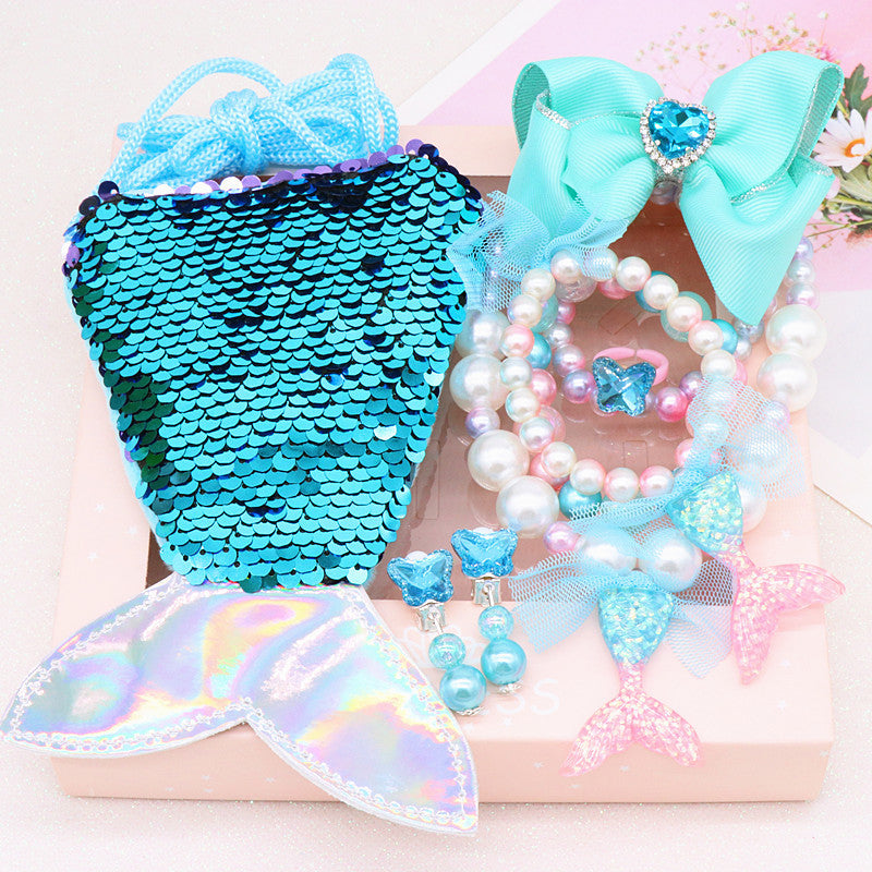Children's fishtail necklace bracelet cross-border jewelry set pearl necklace cartoon fishtail bag gift box wholesale