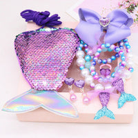 Children's fishtail necklace bracelet cross-border jewelry set pearl necklace cartoon fishtail bag gift box wholesale