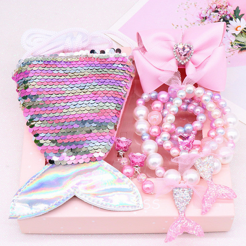 Children's fishtail necklace bracelet cross-border jewelry set pearl necklace cartoon fishtail bag gift box wholesale