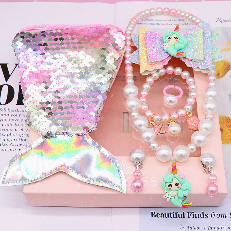 Children's fishtail necklace bracelet cross-border jewelry set pearl necklace cartoon fishtail bag gift box wholesale