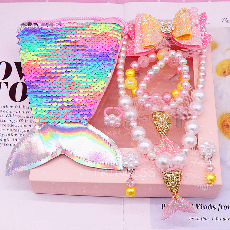 Children's fishtail necklace bracelet cross-border jewelry set pearl necklace cartoon fishtail bag gift box wholesale