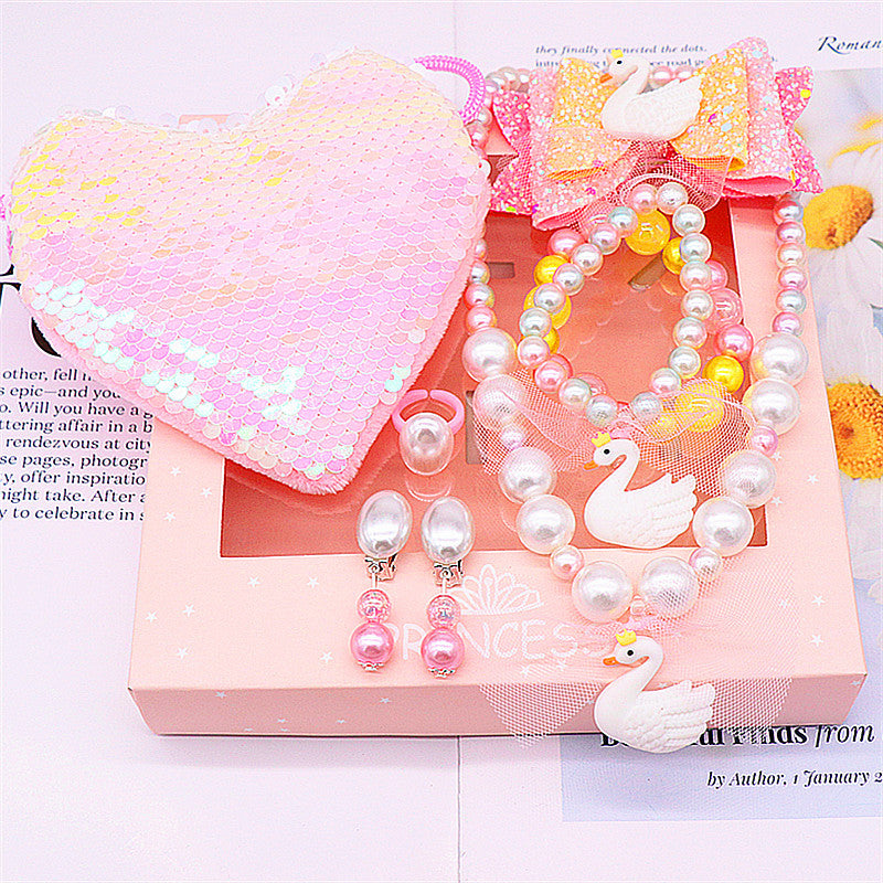 Children's fishtail necklace bracelet cross-border jewelry set pearl necklace cartoon fishtail bag gift box wholesale