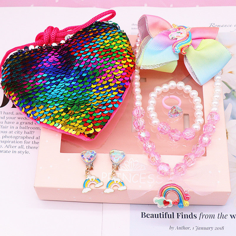 Children's fishtail necklace bracelet cross-border jewelry set pearl necklace cartoon fishtail bag gift box wholesale