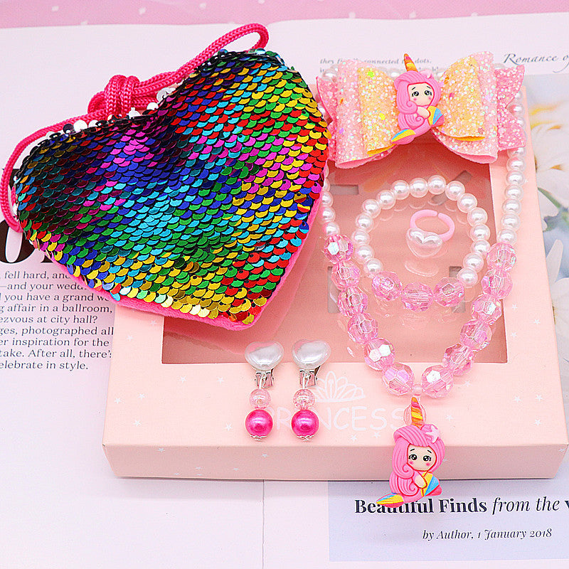 Children's fishtail necklace bracelet cross-border jewelry set pearl necklace cartoon fishtail bag gift box wholesale