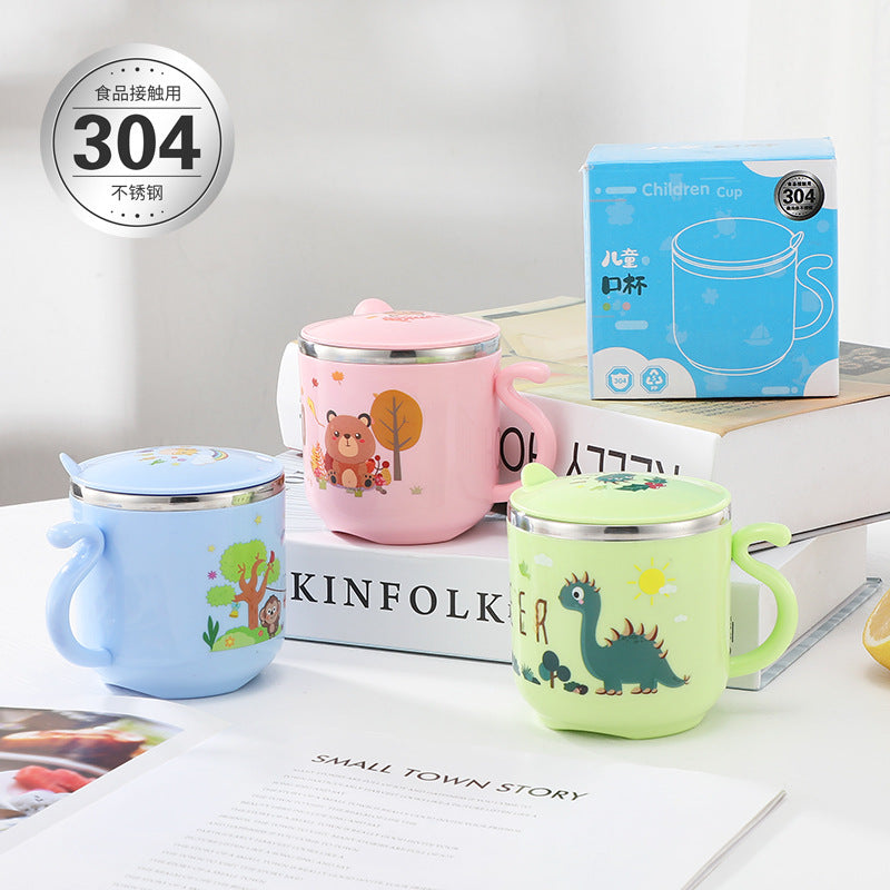 304 Stainless Steel Children's Water Cup Cartoon Creative Double Layer Insulation Anti-scalding with Lid and Handle Kindergarten Mouth Cup