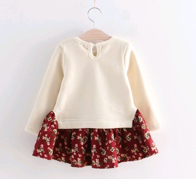 Autumn girls dress children's floral bow and velvet dress