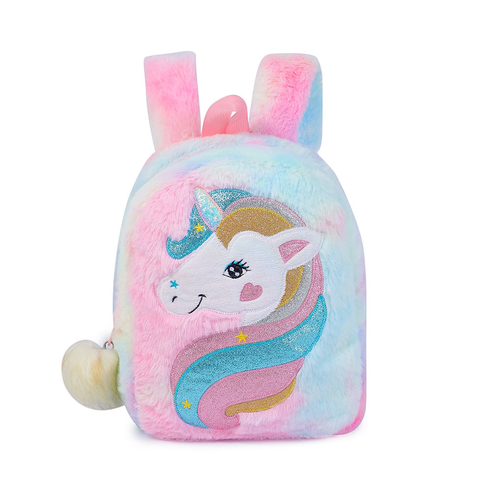 [1pc Unicorn Backpack, Tie Dye Fabric] 1pc Cartoon Unicorn Plush Unicorn Backpack, Girl's Kindergarten Small School Bag, Tie