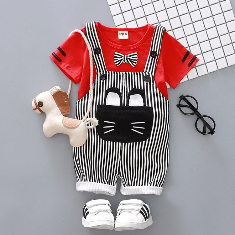 Boys Cartoon Suspender Outfit with soft cotton fabric, cute cartoon design, and stylish two-piece suspender set for babies and toddlers