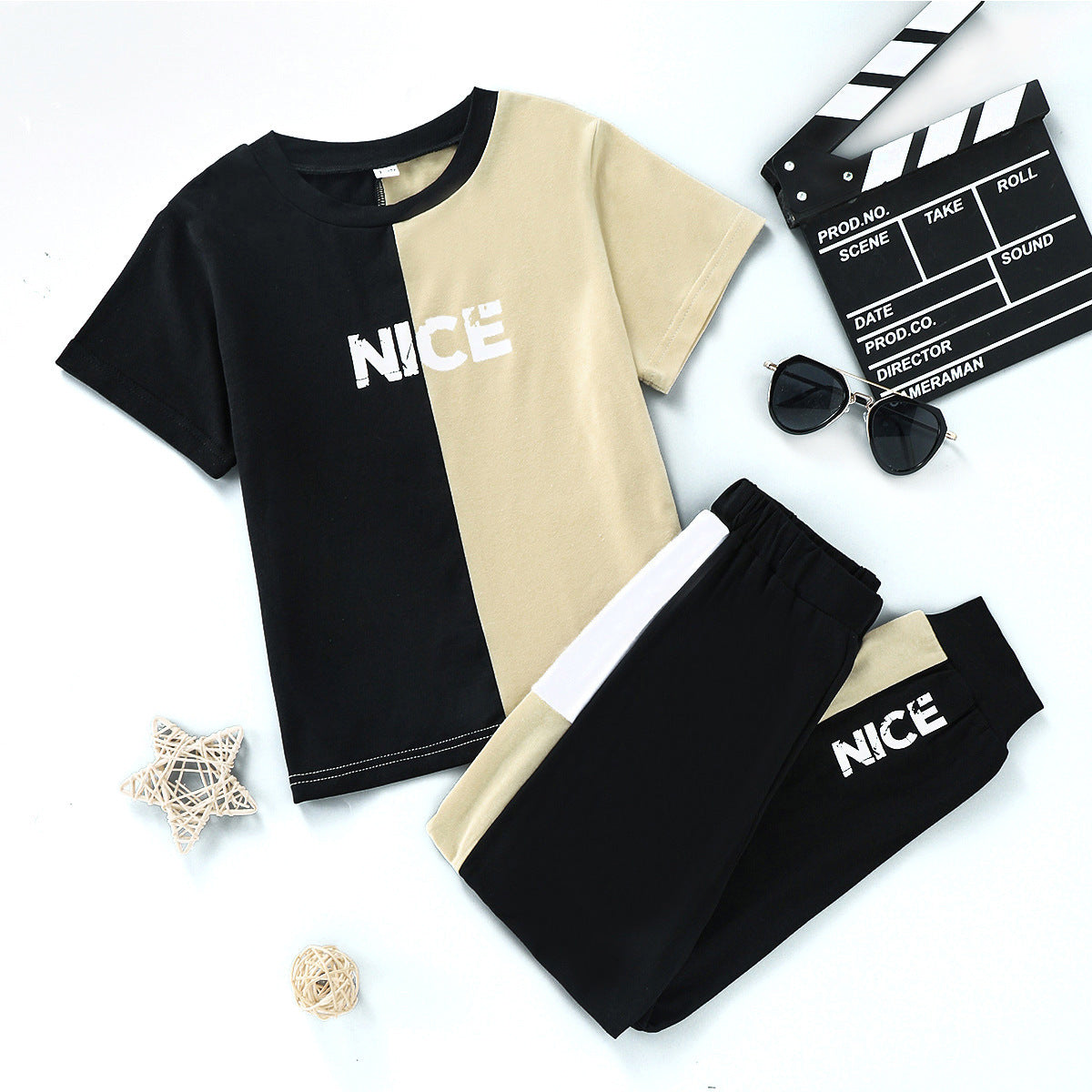 Boys Color Matching - Boys' Color Matching Printed Short Sleeve Polyester Top And Trousers Sports Suit - Boys Summer & Party