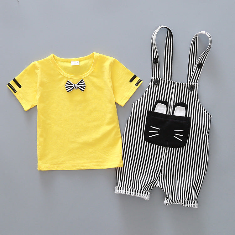 Boys Cartoon Suspender Outfit with soft cotton fabric, cute cartoon design, and stylish two-piece suspender set for babies and toddlers