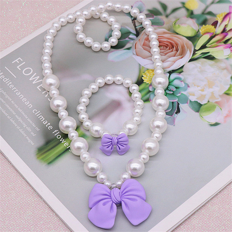 Children's Necklace Set, Cute Bow, Large Pearl Necklace, Bracelet, Ring, Earrings, a Set of Jewelry for Little Girls