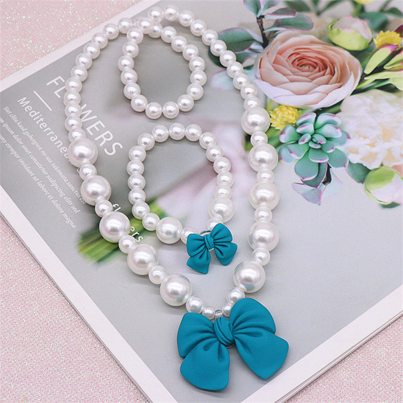 Children's Necklace Set, Cute Bow, Large Pearl Necklace, Bracelet, Ring, Earrings, a Set of Jewelry for Little Girls