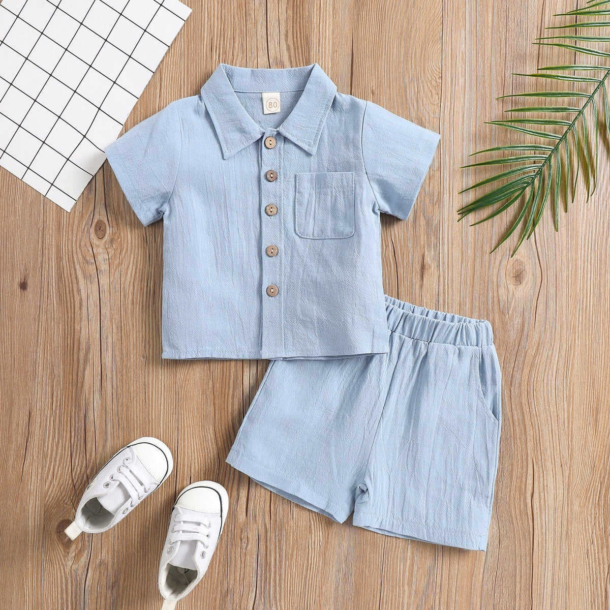 Cotton And Linen Short-sleeved Lapel Polo Shirt Solid Color Boys' Two-piece Suit - Boys Summer & Party Dresses - Baby's