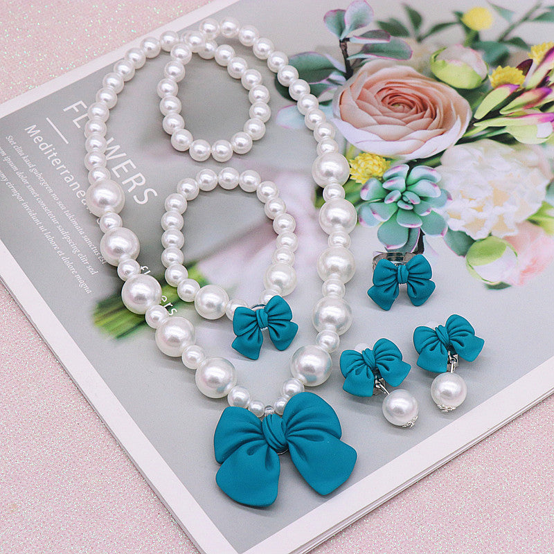 Children's Necklace Set, Cute Bow, Large Pearl Necklace, Bracelet, Ring, Earrings, a Set of Jewelry for Little Girls