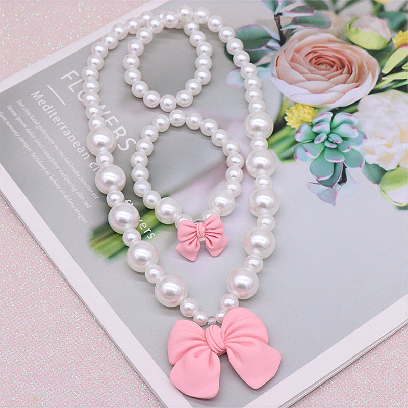 Children's Necklace Set, Cute Bow, Large Pearl Necklace, Bracelet, Ring, Earrings, a Set of Jewelry for Little Girls