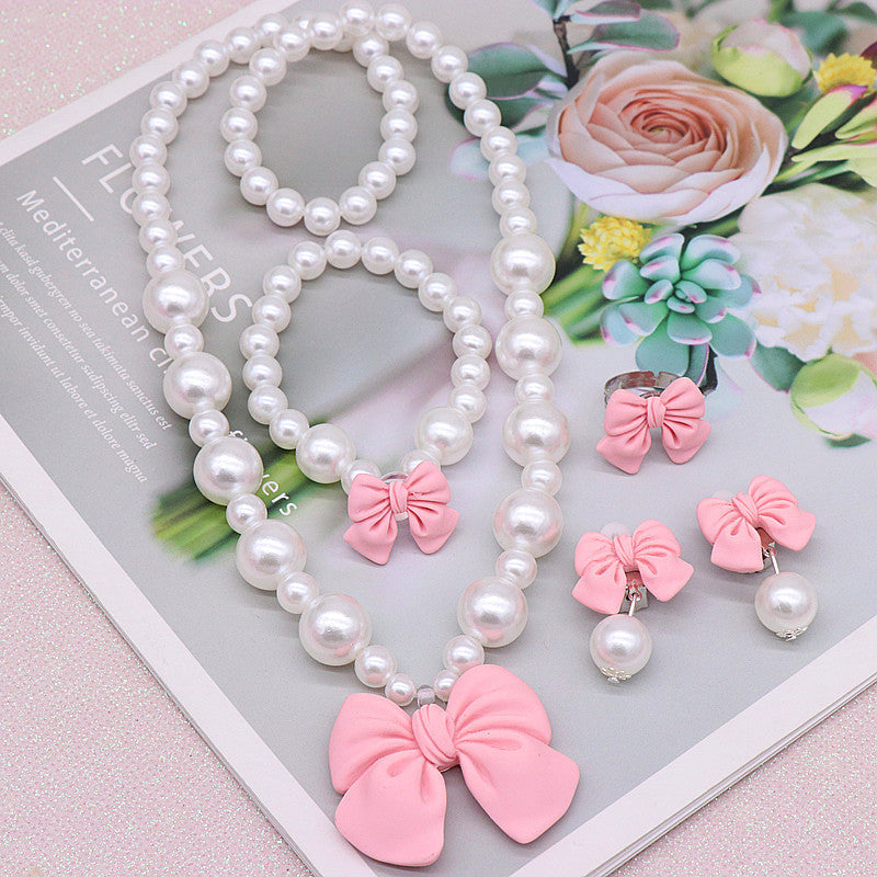Children's Necklace Set, Cute Bow, Large Pearl Necklace, Bracelet, Ring, Earrings, a Set of Jewelry for Little Girls