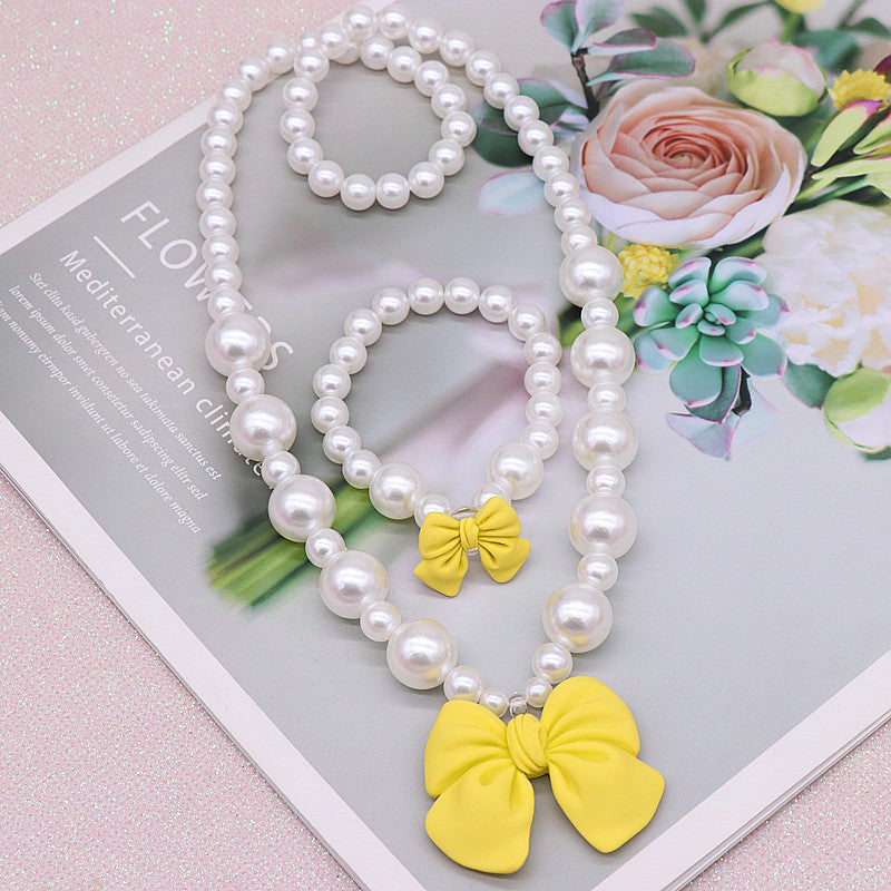 Children's Necklace Set, Cute Bow, Large Pearl Necklace, Bracelet, Ring, Earrings, a Set of Jewelry for Little Girls