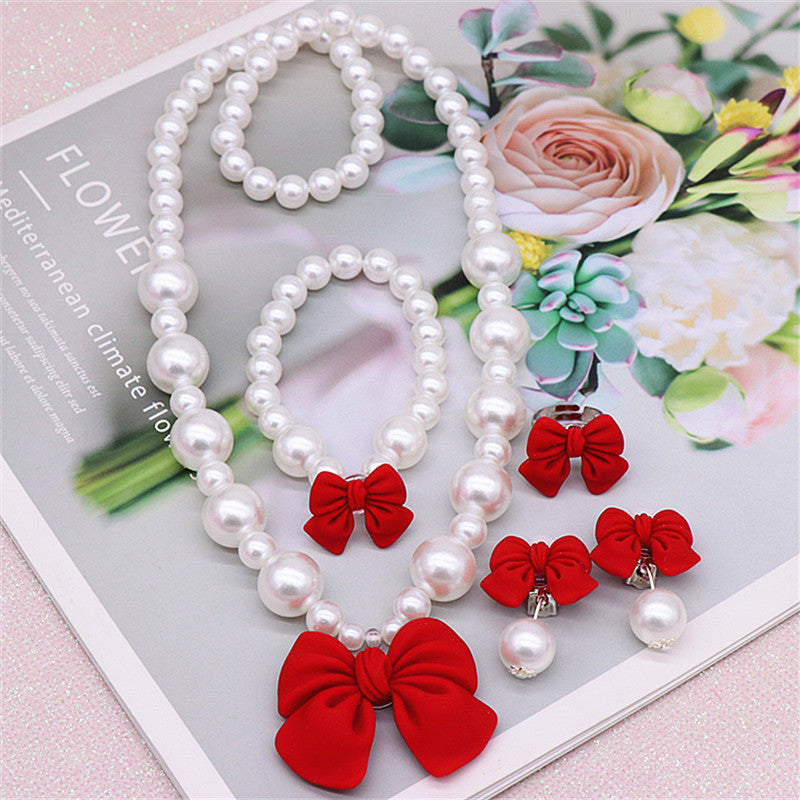 Children's Necklace Set, Cute Bow, Large Pearl Necklace, Bracelet, Ring, Earrings, a Set of Jewelry for Little Girls