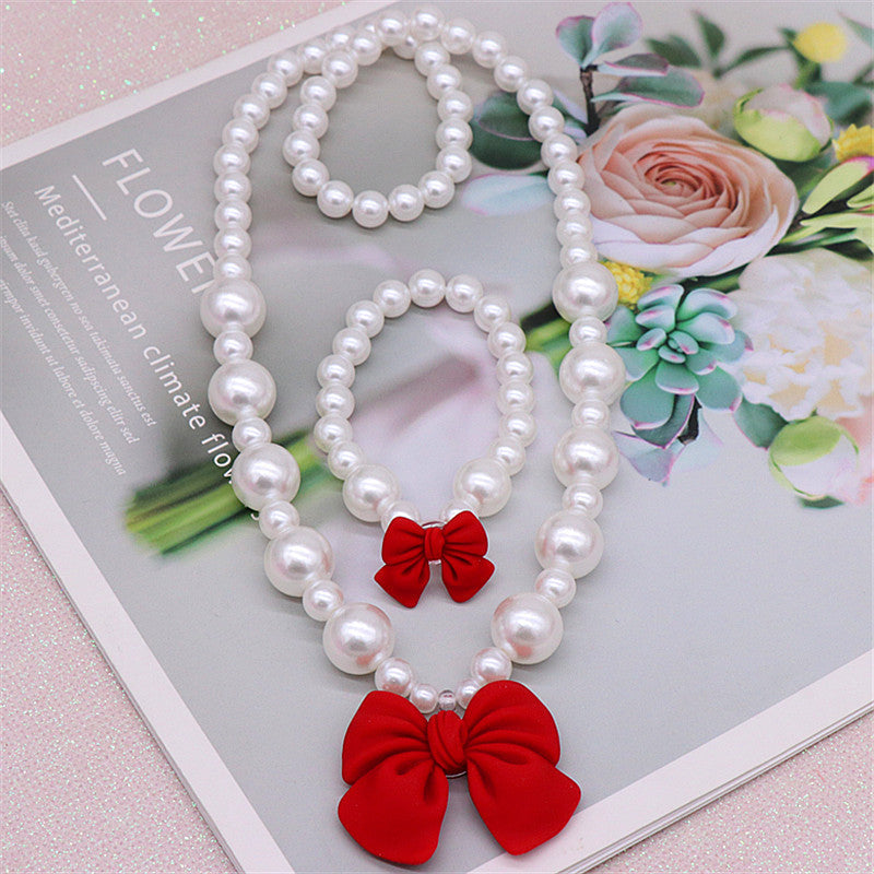 Children's Necklace Set, Cute Bow, Large Pearl Necklace, Bracelet, Ring, Earrings, a Set of Jewelry for Little Girls