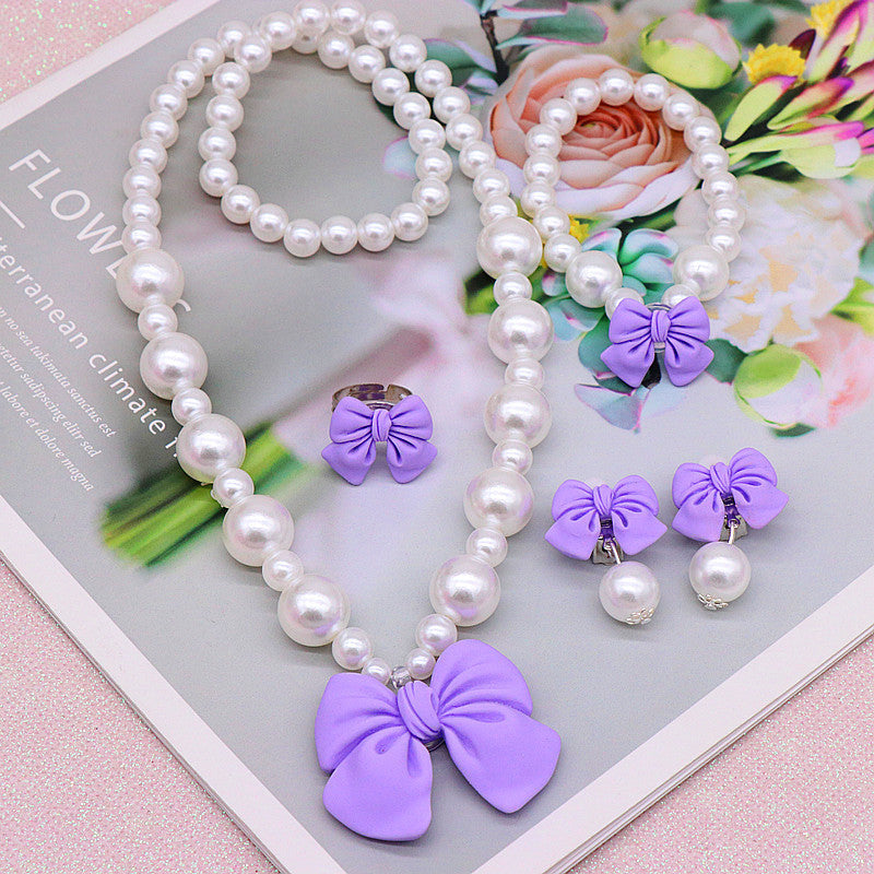 Children's Necklace Set, Cute Bow, Large Pearl Necklace, Bracelet, Ring, Earrings, a Set of Jewelry for Little Girls