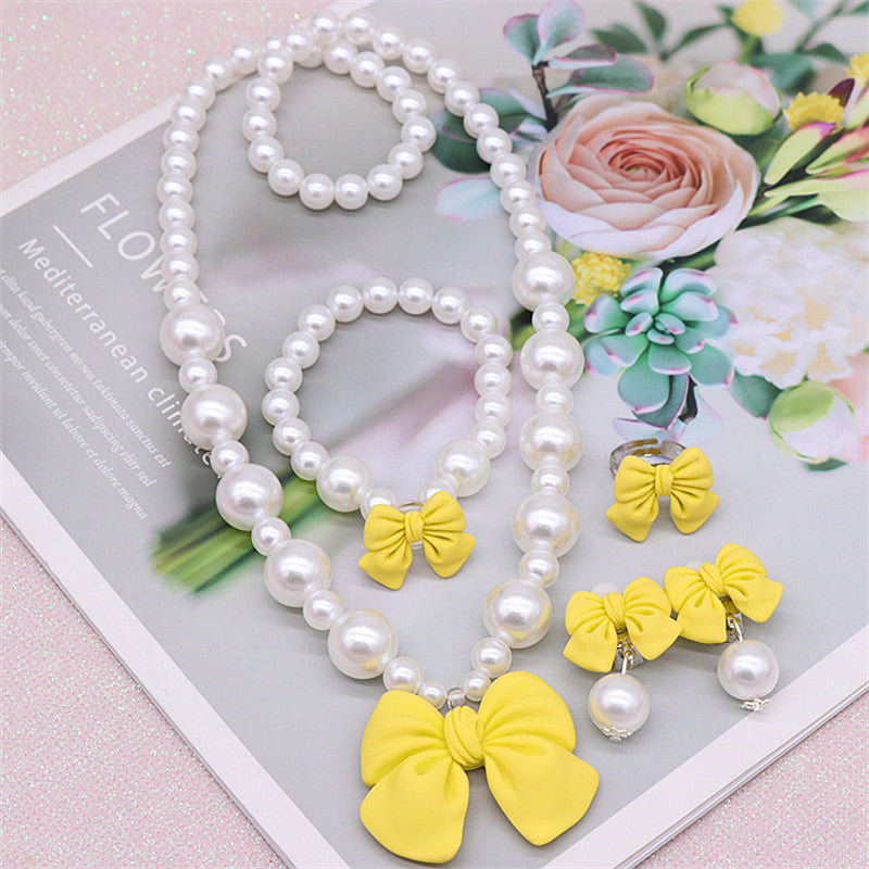 Children's Necklace Set, Cute Bow, Large Pearl Necklace, Bracelet, Ring, Earrings, a Set of Jewelry for Little Girls