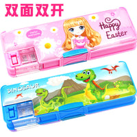Cartoon Kids Pencil Case for Boys and Girls, Double-Sided, with Flip-Open Design, Plastic School Stationery Organizer for Preschool and Elementary Students