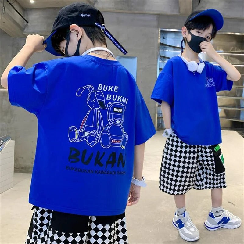 Boys Fashionable Cartoon - Boys' Fashionable Cartoon Letter Jacket Shorts Two-piece Set - Boys Summer & Party Dresses