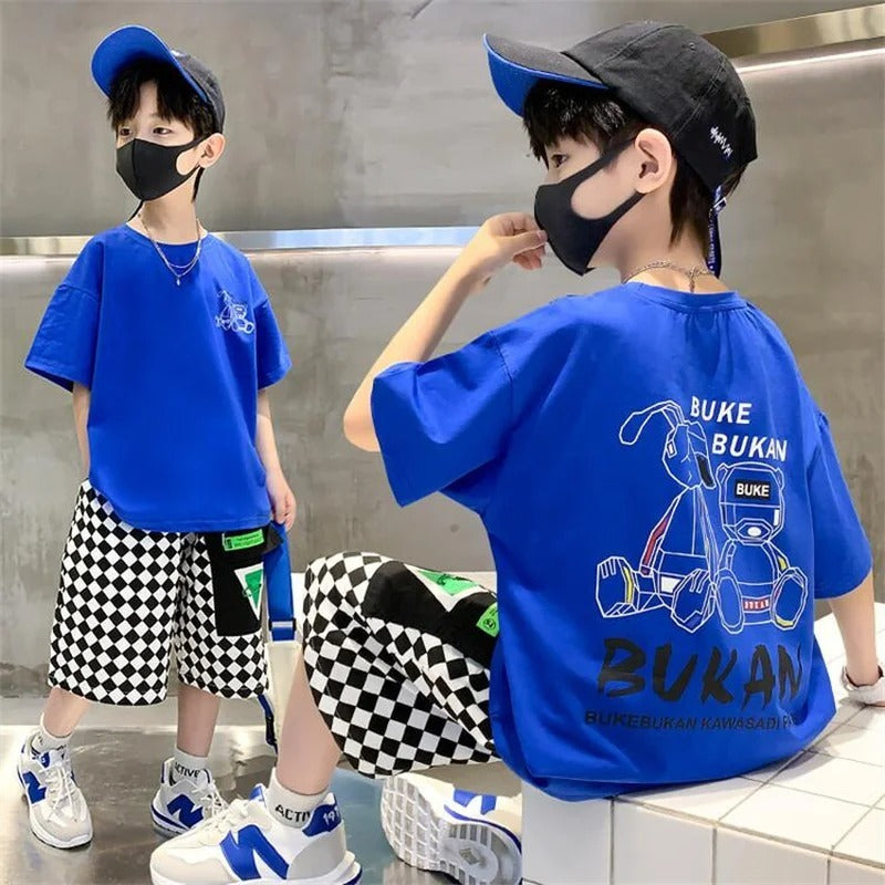 Boys Fashionable Cartoon - Boys' Fashionable Cartoon Letter Jacket Shorts Two-piece Set - Boys Summer & Party Dresses