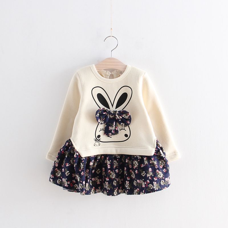Autumn girls dress children's floral bow and velvet dress