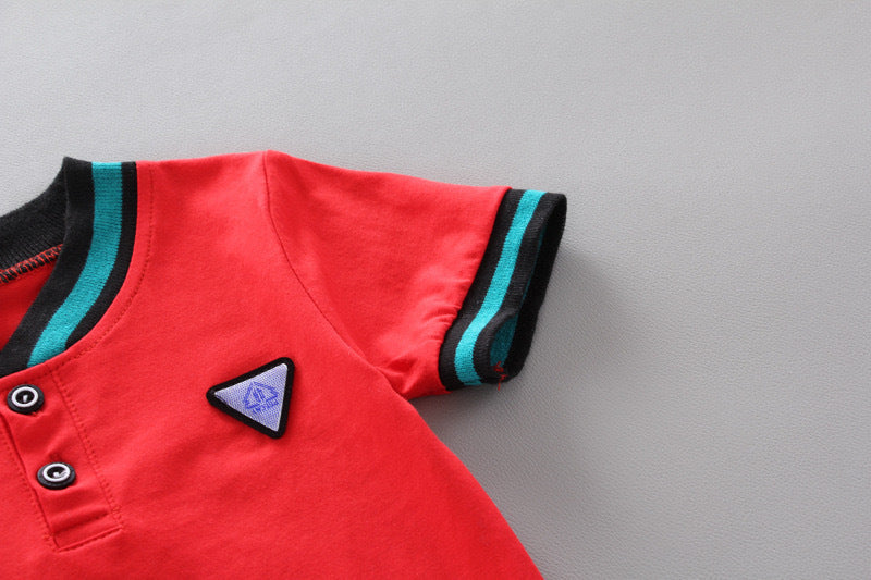 Summer Children Boys - Summer Children's Boys' Handsome Casual Stand Collar Two-button Triangle Mark Short-sleeved Shorts