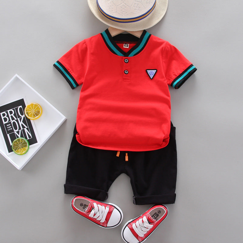 Summer Children Boys - Summer Children's Boys' Handsome Casual Stand Collar Two-button Triangle Mark Short-sleeved Shorts