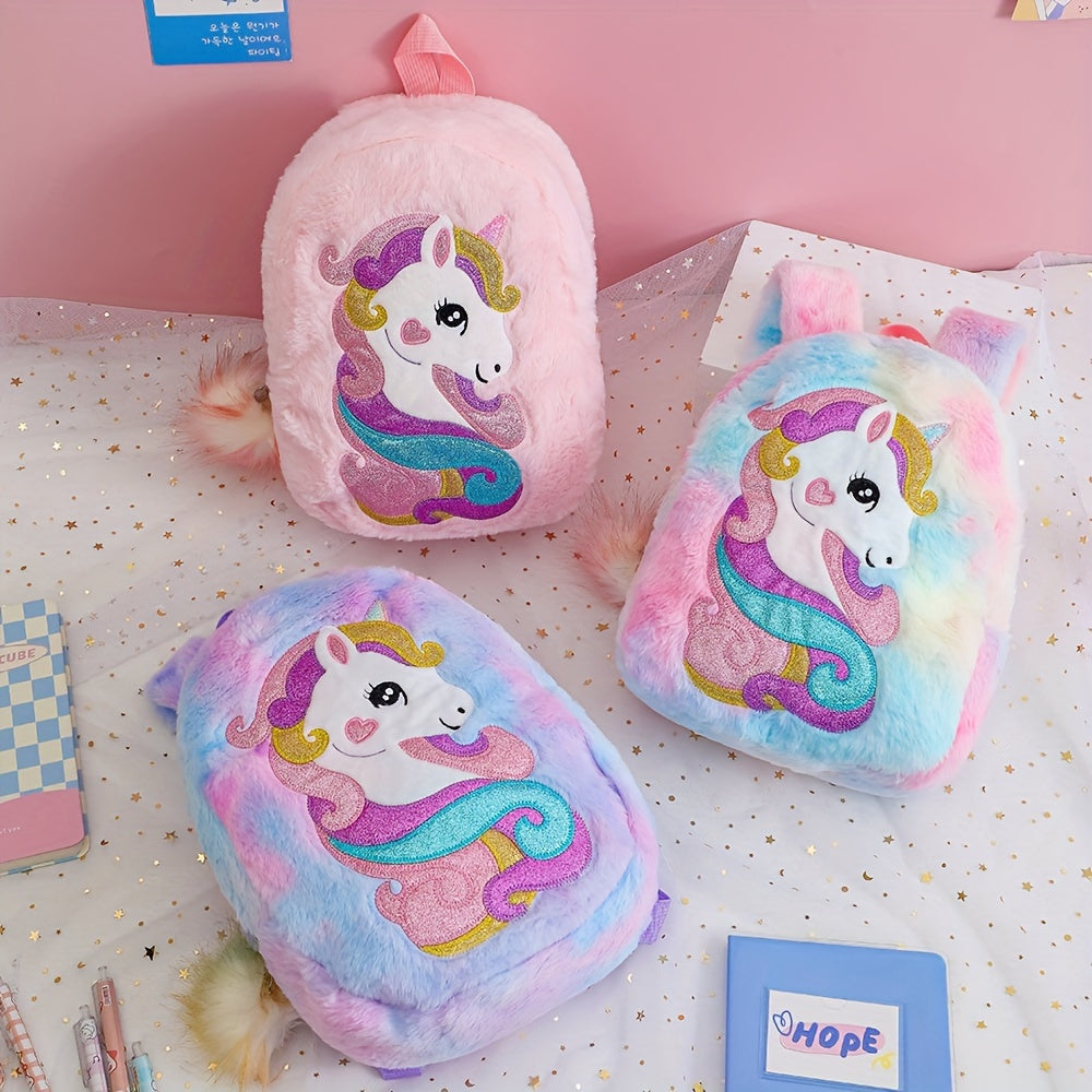 [1pc Unicorn Backpack, Tie Dye Fabric] 1pc Cartoon Unicorn Plush Unicorn Backpack, Girl's Kindergarten Small School Bag, Tie