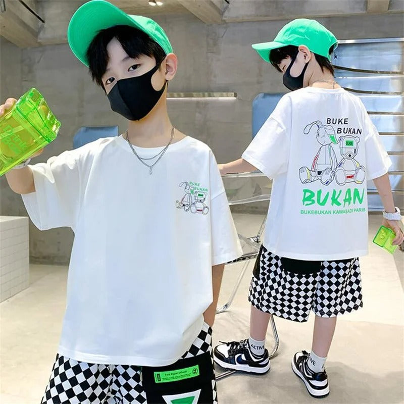 Boys Fashionable Cartoon - Boys' Fashionable Cartoon Letter Jacket Shorts Two-piece Set - Boys Summer & Party Dresses