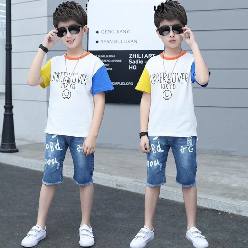 Summer Clothing For Boys Short Sleeve Sets Fashion Letters Patchwork Print Top & Pants 2 Piece Suits Children Outfits