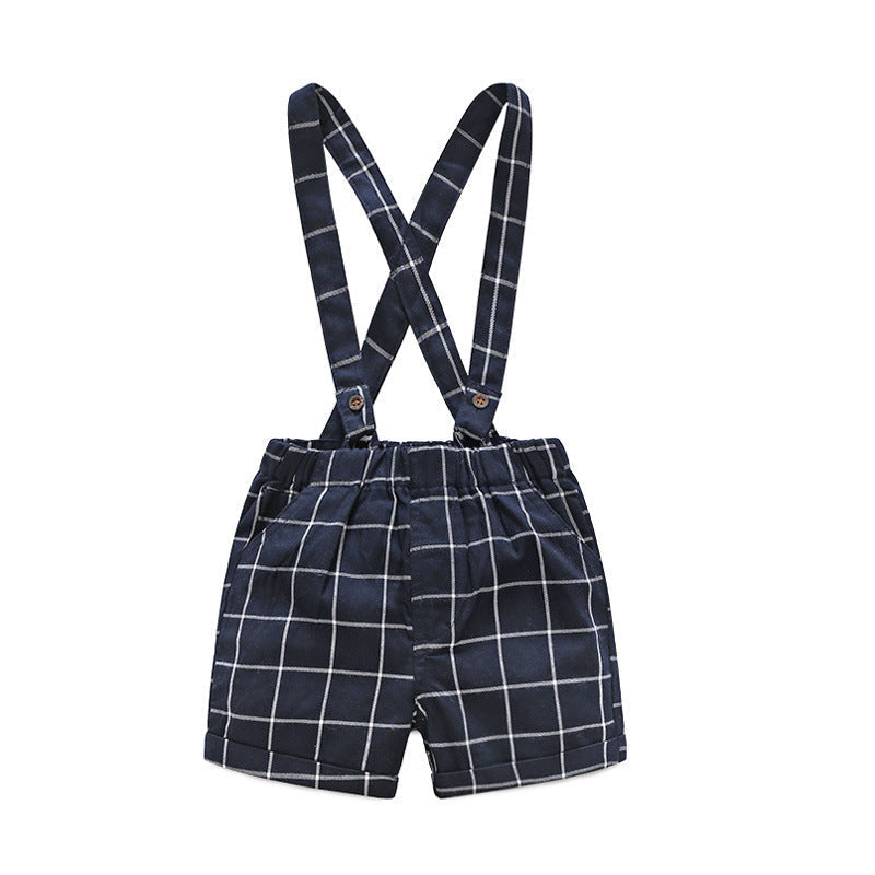 Children Short Sleeved - Children's Short-sleeved Knitted One-piece Romper Sheath Romper Plaid Suspender Pants - Boys & Kids