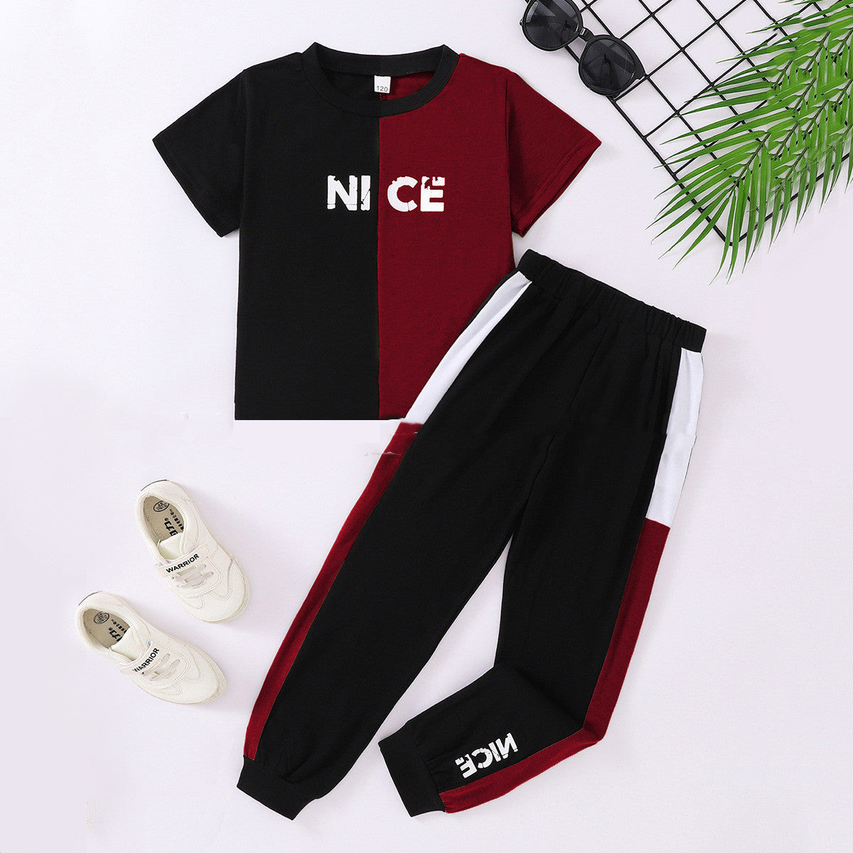 Boys Color Matching - Boys' Color Matching Printed Short Sleeve Polyester Top And Trousers Sports Suit - Boys Summer & Party
