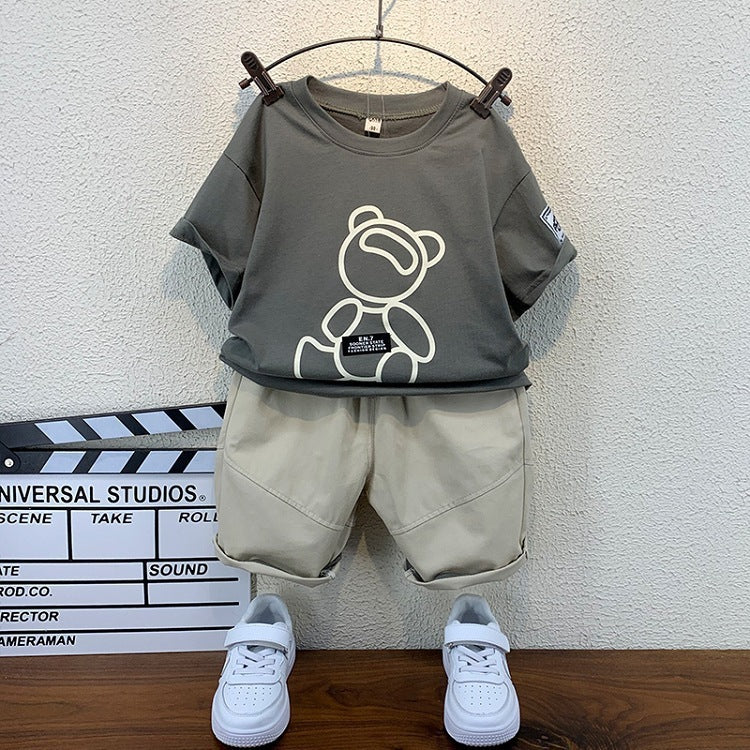 Boys And Girls Solid Color Bear Print Armband T-shirt Short Sleeve Two-piece Set - Boys & Kids dresses - Baby's World (view