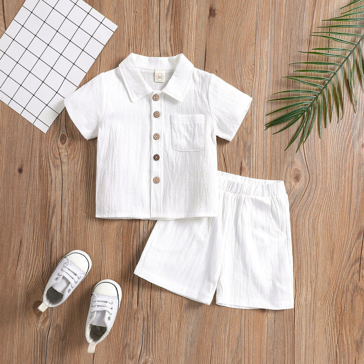 Cotton And Linen Short-sleeved Lapel Polo Shirt Solid Color Boys' Two-piece Suit - Boys Summer & Party Dresses - Baby's