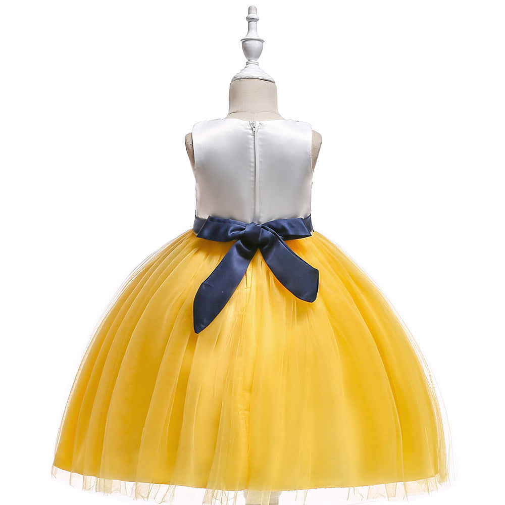 Girls' Embroidered Puff Mesh Color Matching Princess Dress