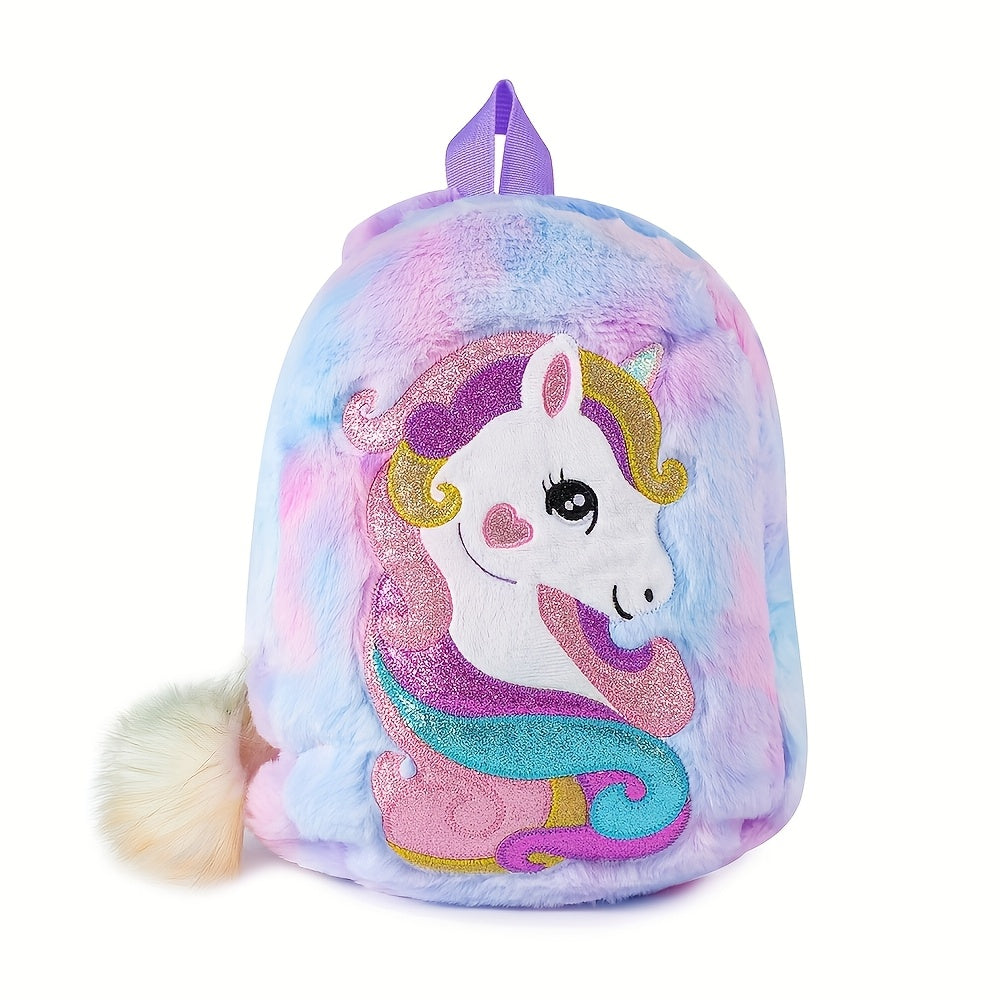 [1pc Unicorn Backpack, Tie Dye Fabric] 1pc Cartoon Unicorn Plush Unicorn Backpack, Girl's Kindergarten Small School Bag, Tie Dye Fabric, Color Slight Difference, Fur Ball Color Assorted Varieties, Ideal choice for Gifts (Purple Color )