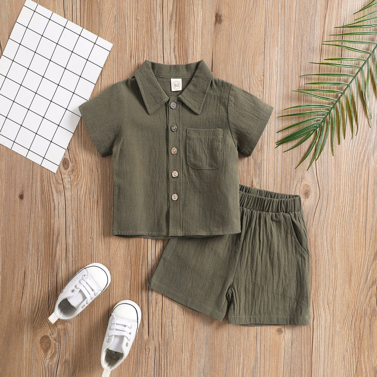 Cotton And Linen Short-sleeved Lapel Polo Shirt Solid Color Boys' Two-piece Suit - Boys Summer & Party Dresses - Baby's