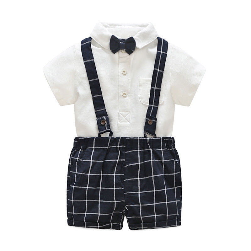 Children Short Sleeved - Children's Short-sleeved Knitted One-piece Romper Sheath Romper Plaid Suspender Pants - Boys & Kids