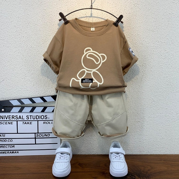 Boys And Girls Solid Color Bear Print Armband T-shirt Short Sleeve Two-piece Set - Boys & Kids dresses - Baby's World (view