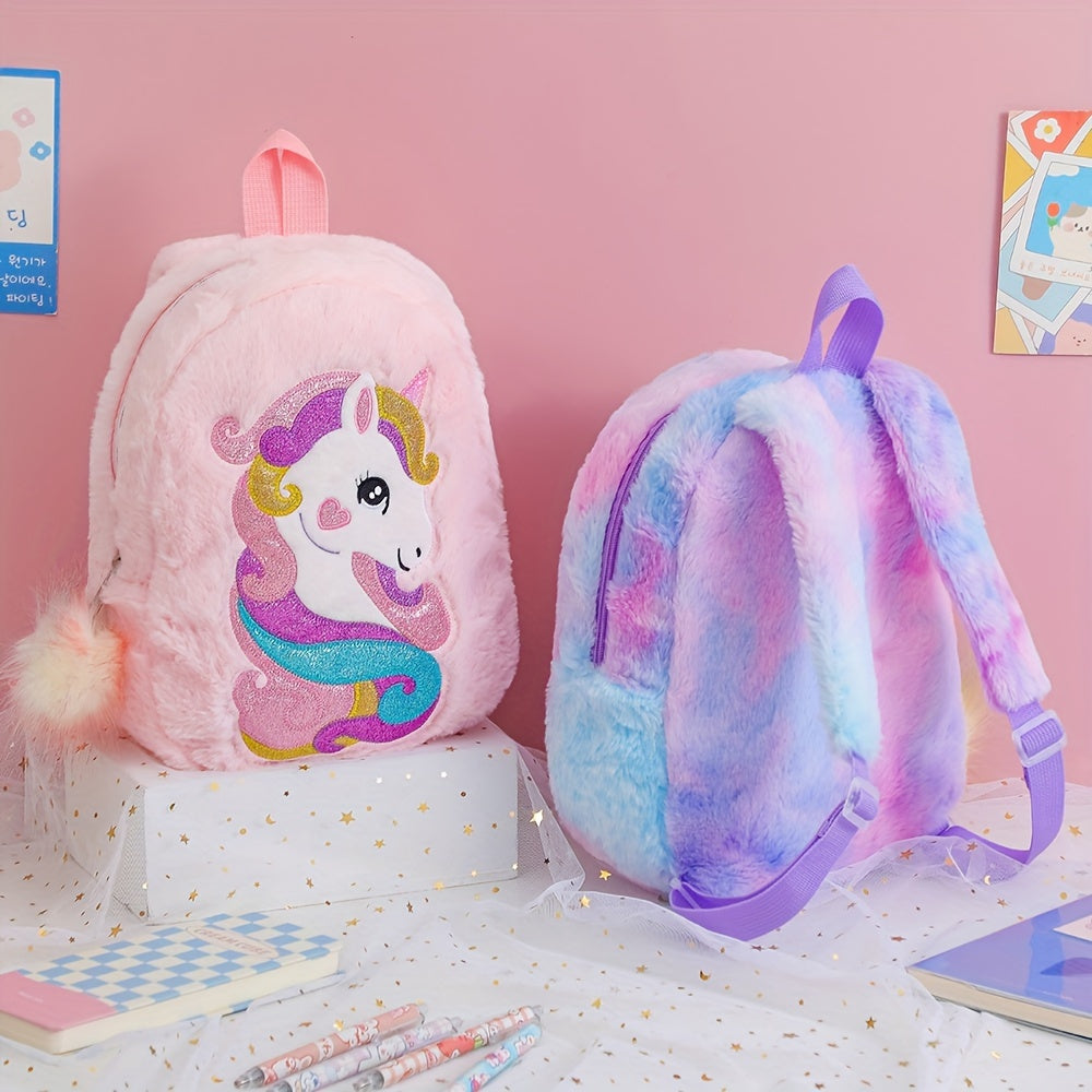[1pc Unicorn Backpack, Tie Dye Fabric] 1pc Cartoon Unicorn Plush Unicorn Backpack, Girl's Kindergarten Small School Bag, Tie